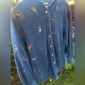 vintage disney, pooh themed embroidered button up